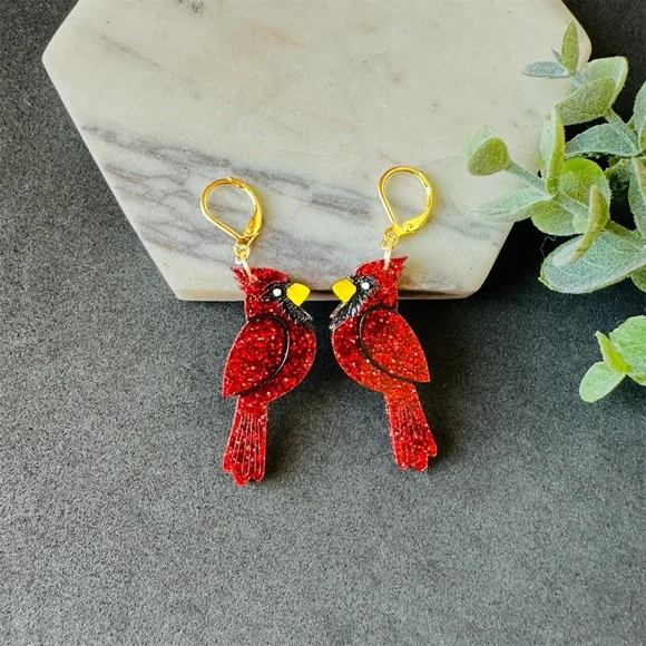 Christmas Cardinal Earrings Songbird, Winter bird - Picture 5 of 6